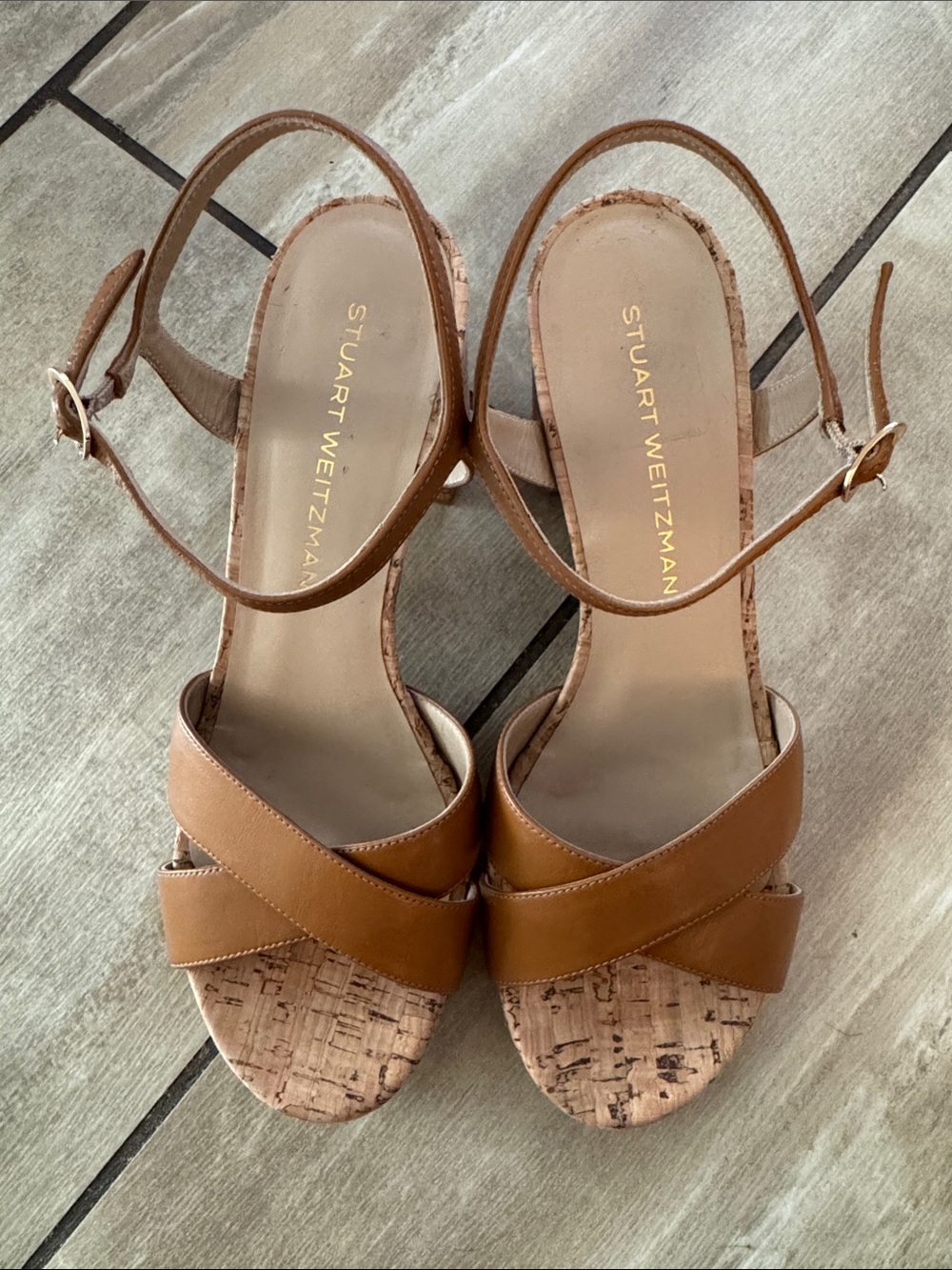 Stuart Weitzman Tan Cork Platform Block Heel Sandals